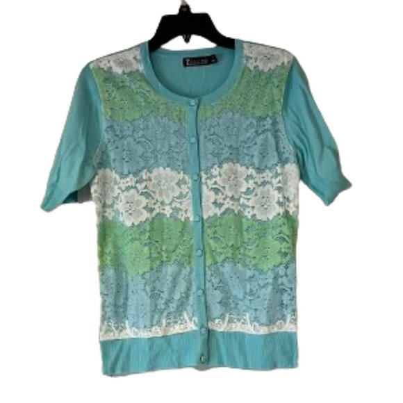 New York & Company Blue, Green, White Lace Front Cardigan - Medium - Picture 1 of 4
